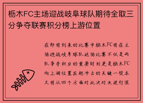 枥木FC主场迎战岐阜球队期待全取三分争夺联赛积分榜上游位置